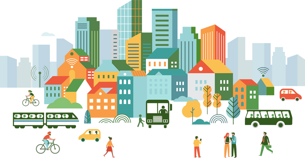 Illustrated graphic of a city with various people using different modes of transportation